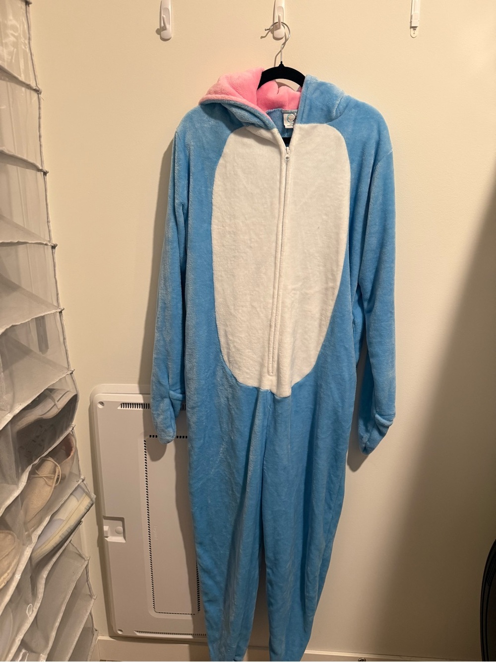 Plush Blue & White Hooded Onesie with Pink Lining